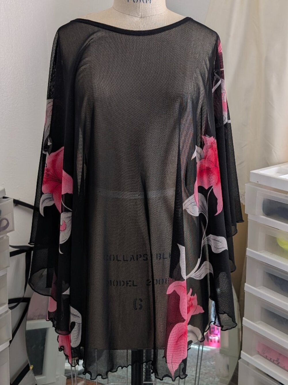 Sheer black floral lightweight cape shawl